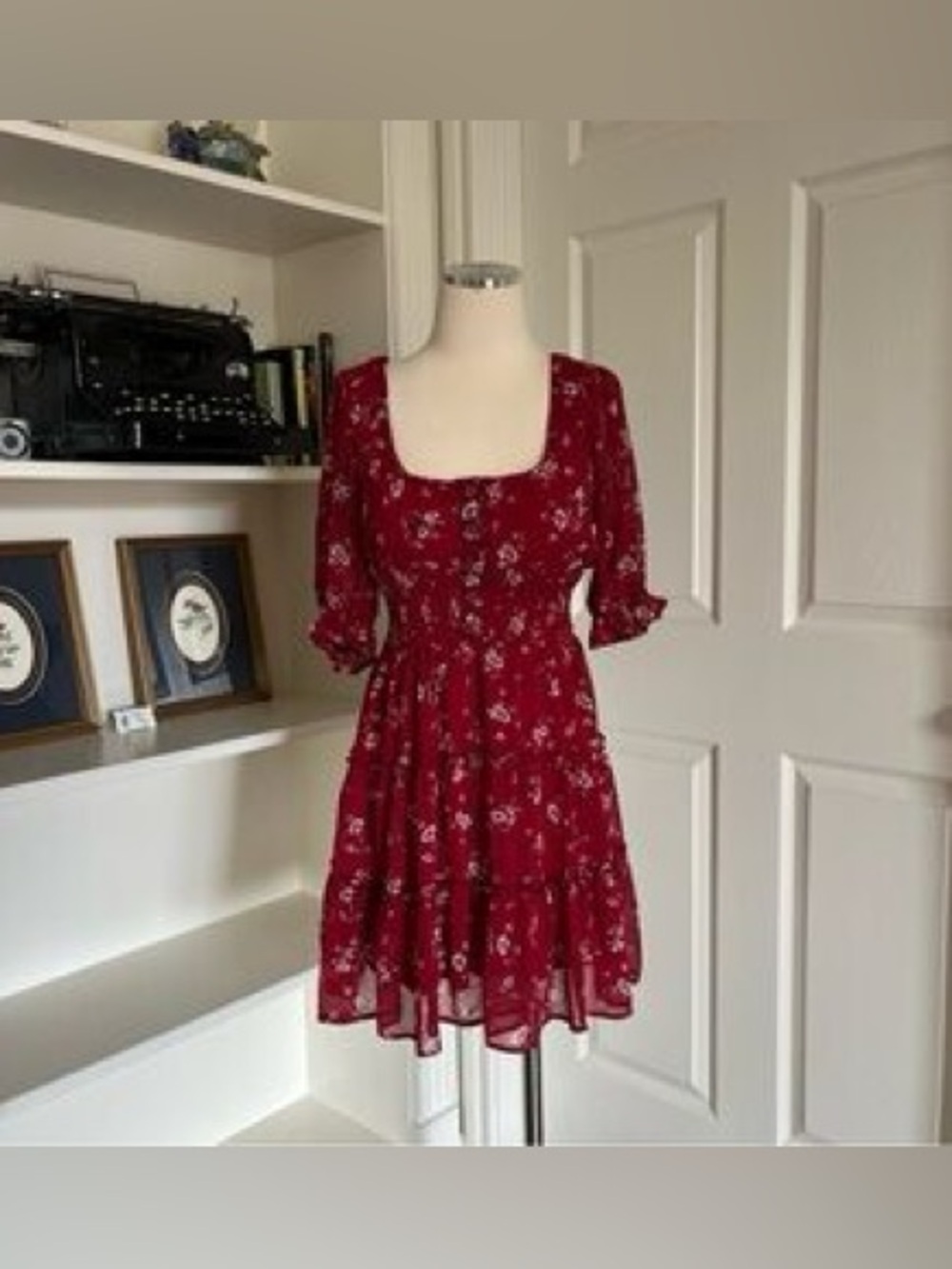 Francesca’s Collection - Red Floral Tiered Smocked Mini Red Dress